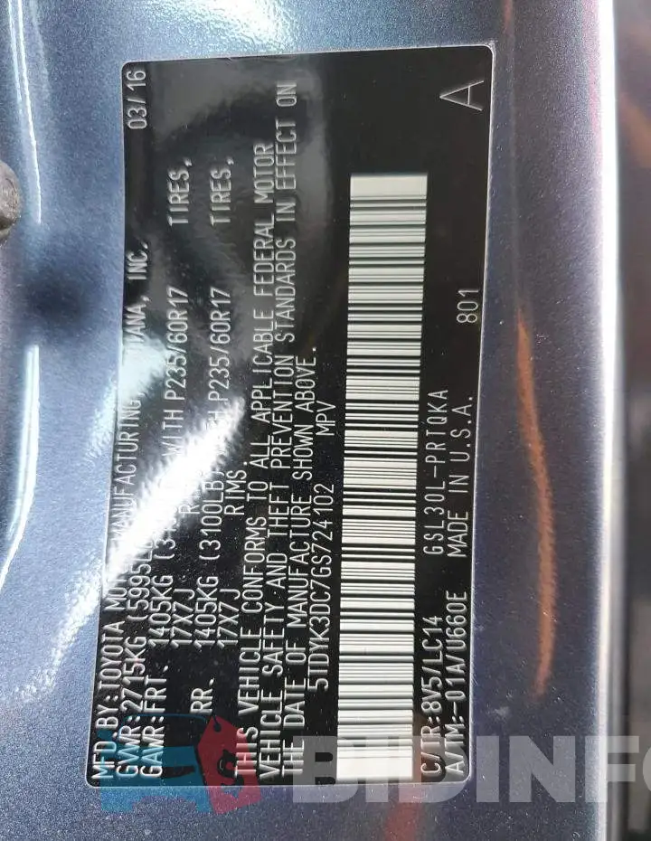 5TDYK3DC7GS724102 Photo# 13