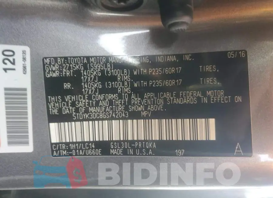 5TDYK3DC8GS742043 Photo# 14