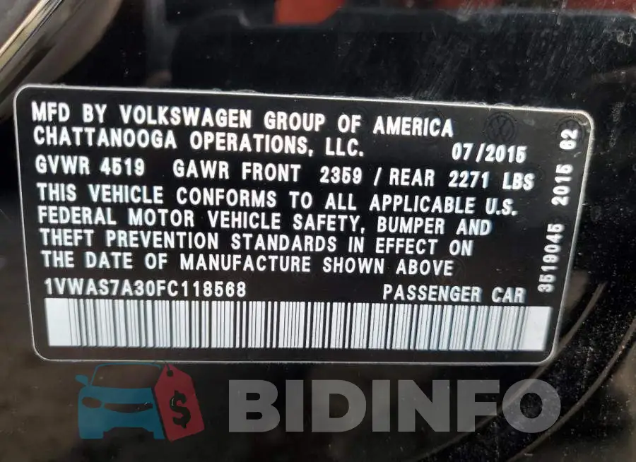 1VWAS7A30FC118568 Photo# 12