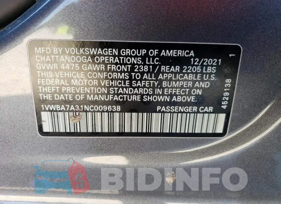 1VWBA7A31NC009638 Photo# 13