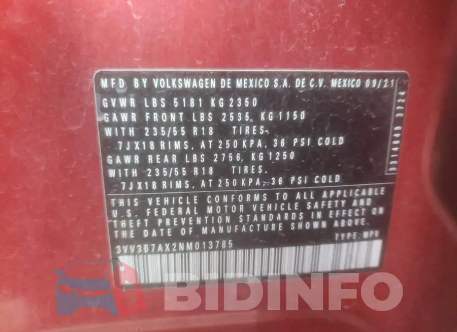 3VV3B7AX2NM013785 Photo# 13