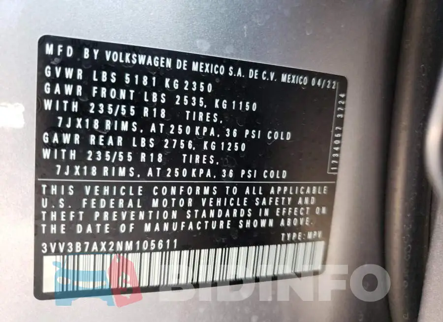 3VV3B7AX2NM105611 Photo# 10
