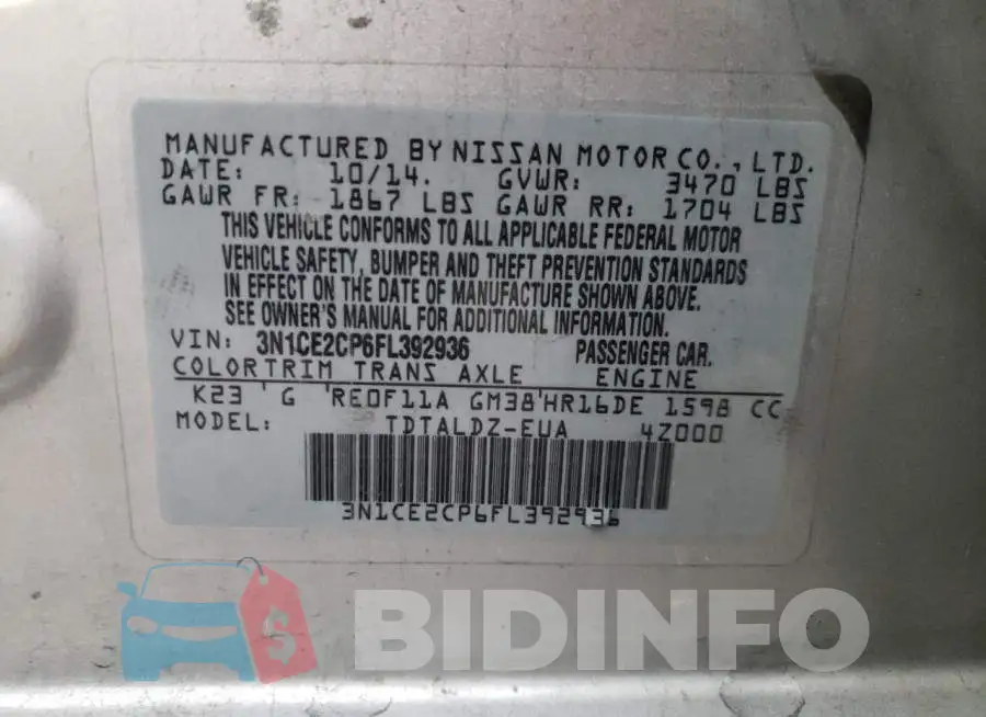 3N1CE2CP6FL392936 Photo# 13