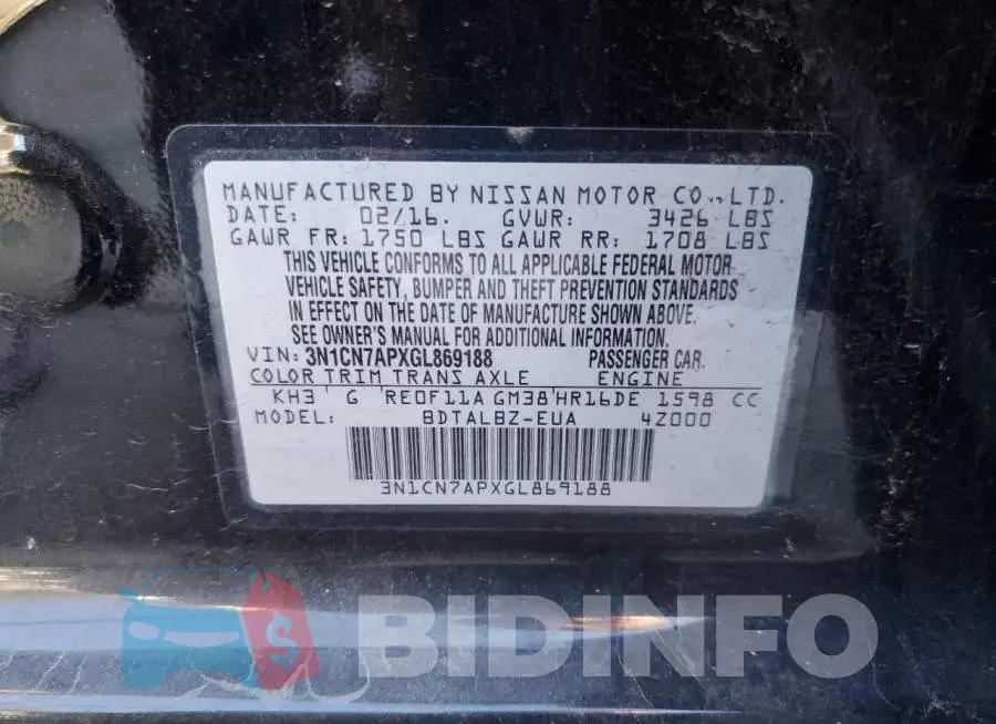 3N1CN7APXGL869188 Photo# 13