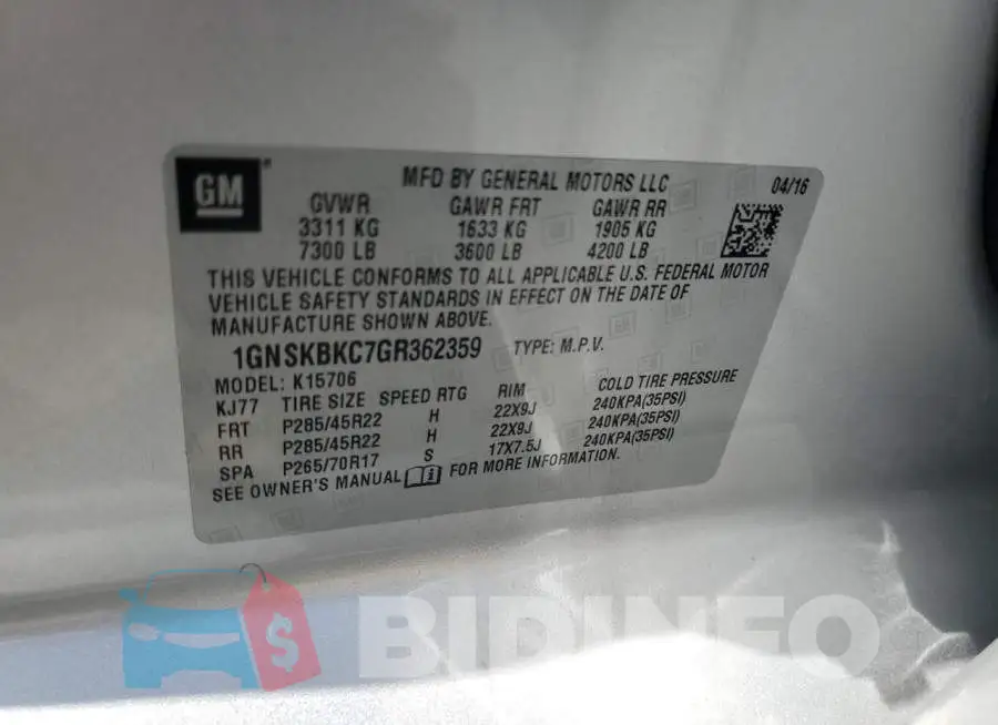 1GNSKBKC7GR362359 Photo# 10