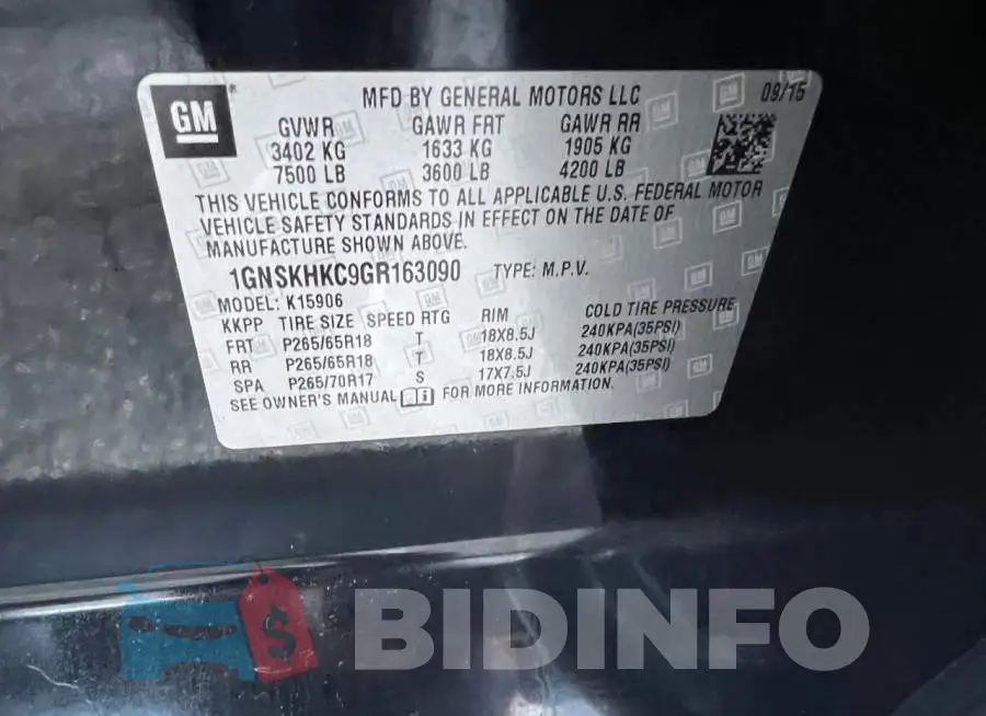 1GNSKHKC9GR163090 Photo# 10
