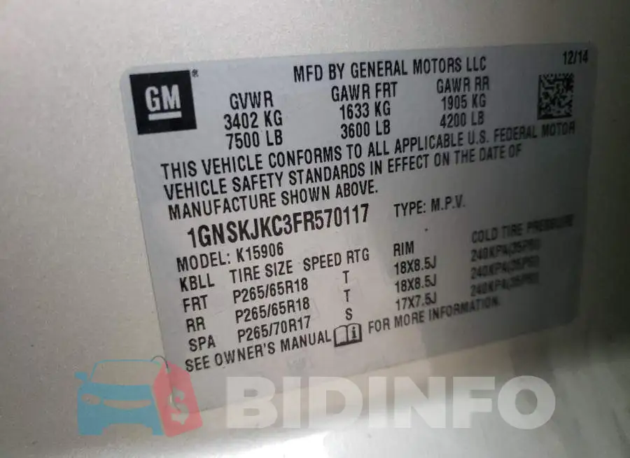 1GNSKJKC3FR570117 Photo# 13