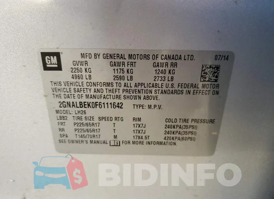 2GNALBEK0F6111642 Photo# 13