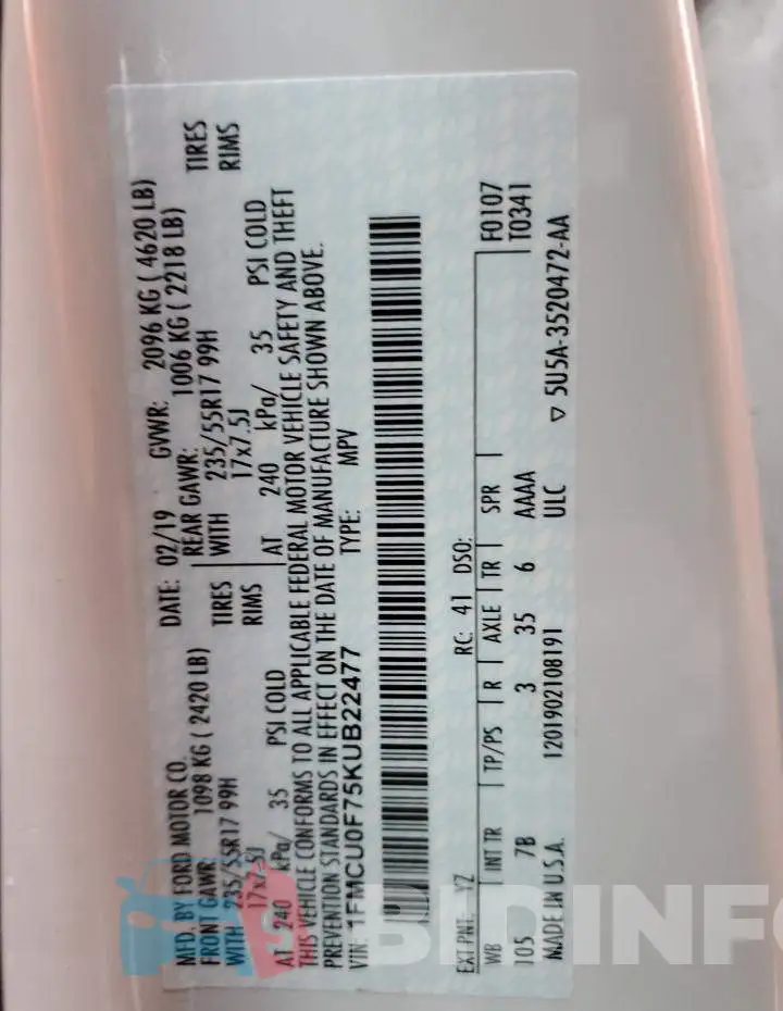 1FMCU0F75KUB22477 Photo# 13