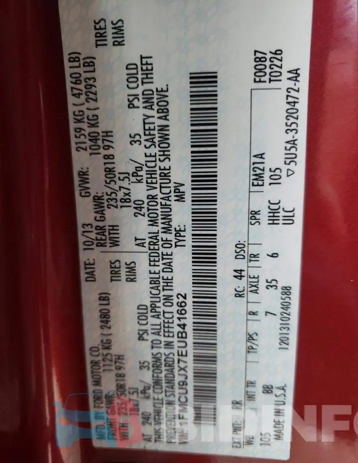1FMCU9JX7EUB41662 Photo# 10