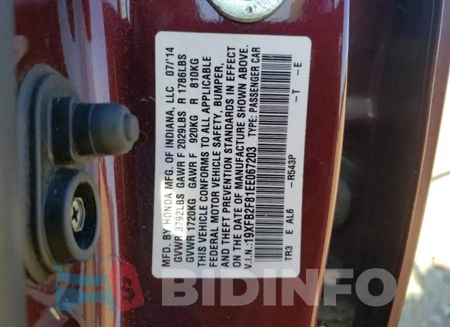 19XFB2F81EE067203 Photo# 12