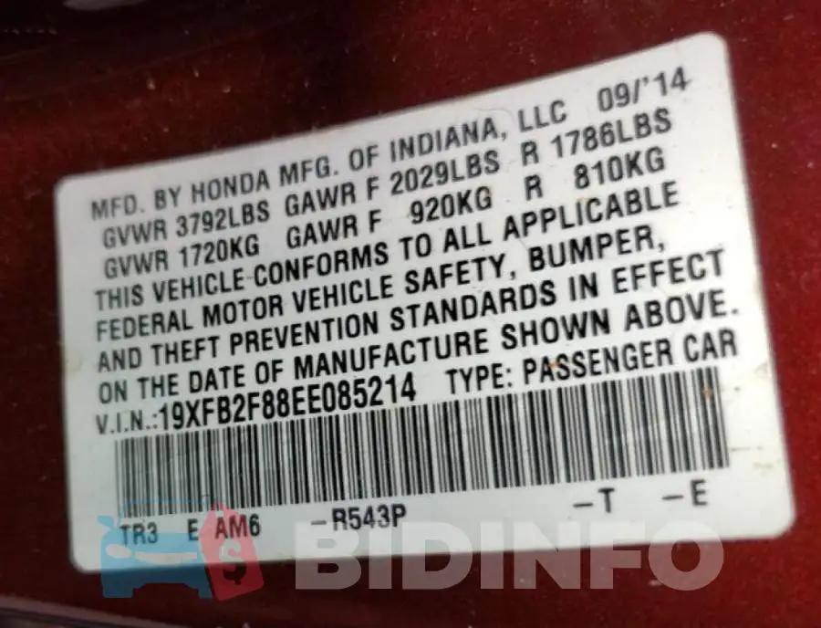 19XFB2F88EE085214 Photo# 12