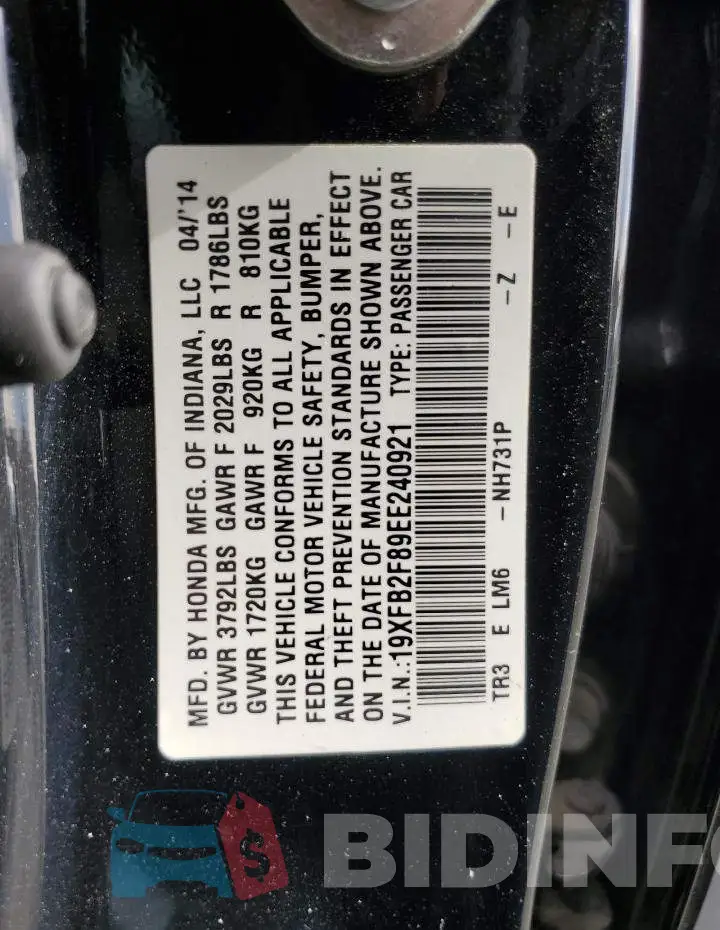 19XFB2F89EE240921 Photo# 10