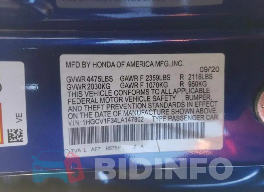 1HGCV1F34LA147802 Photo# 10