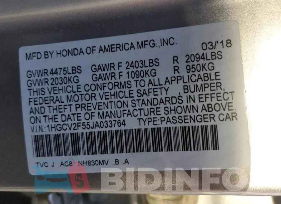1HGCV2F55JA033764 Photo# 13