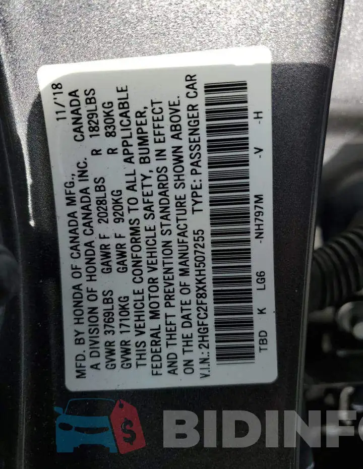 2HGFC2F8XKH507255 Photo# 13