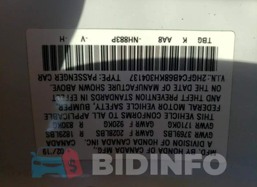 2HGFC4B68KH304137 Photo# 12