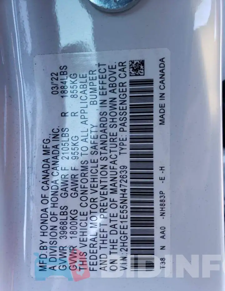 2HGFE1E55NH472639 Photo# 12