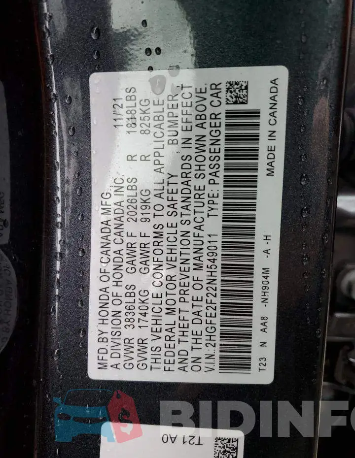 2HGFE2F22NH549011 Photo# 12