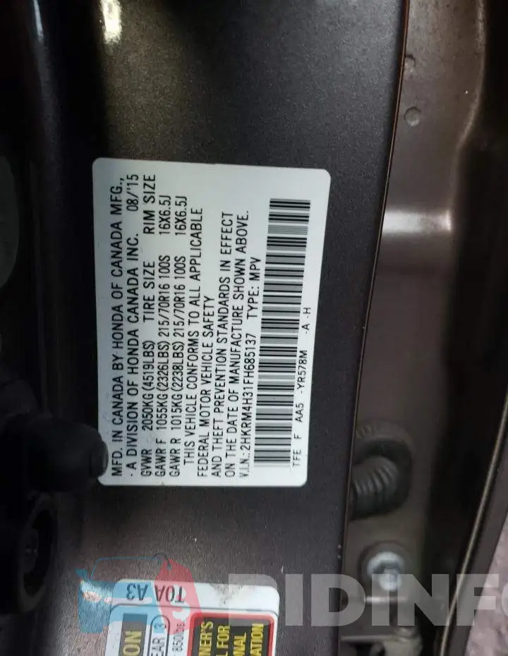 2HKRM4H31FH685137 Photo# 10