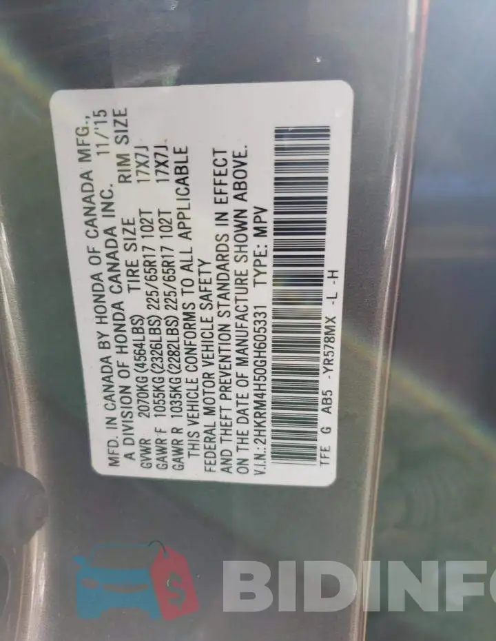 2HKRM4H50GH605331 Photo# 10