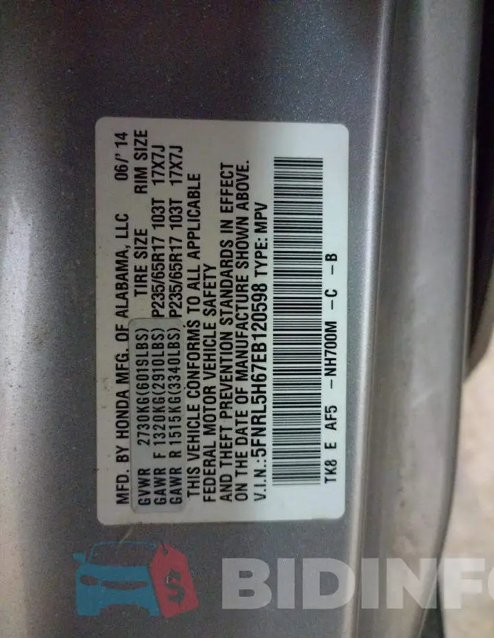5FNRL5H67EB120598 Photo# 13