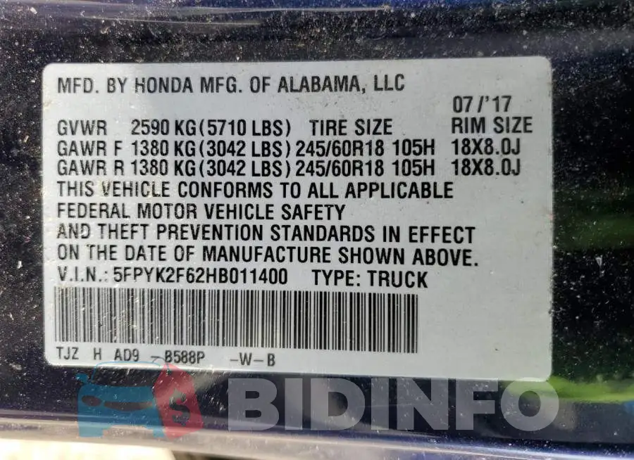 5FPYK2F62HB011400 Photo# 12