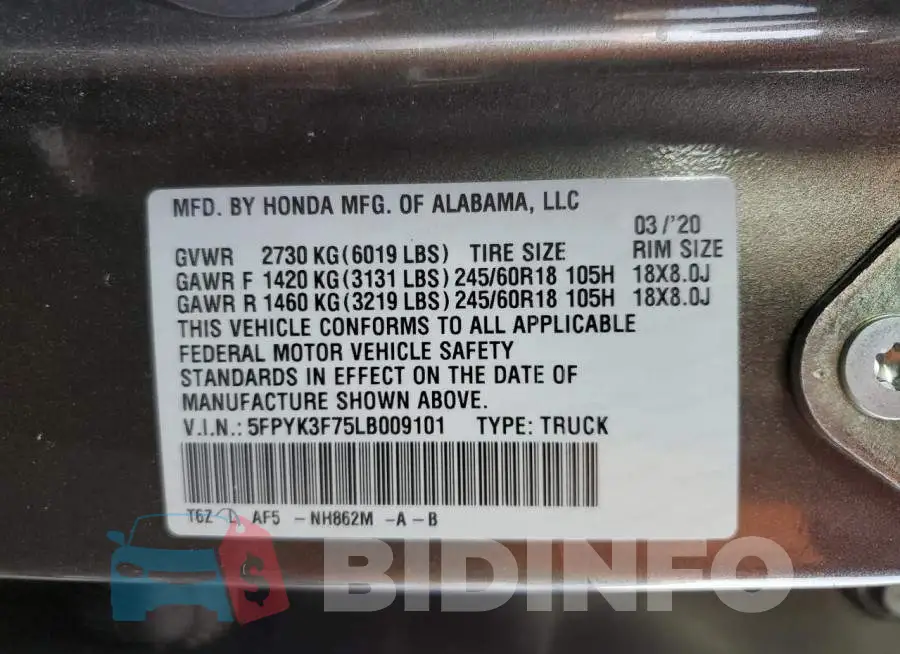 5FPYK3F75LB009101 Photo# 13