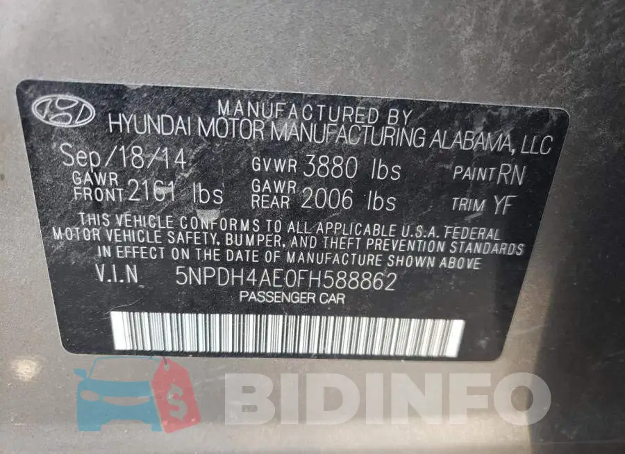 5NPDH4AE0FH588862 Photo# 10