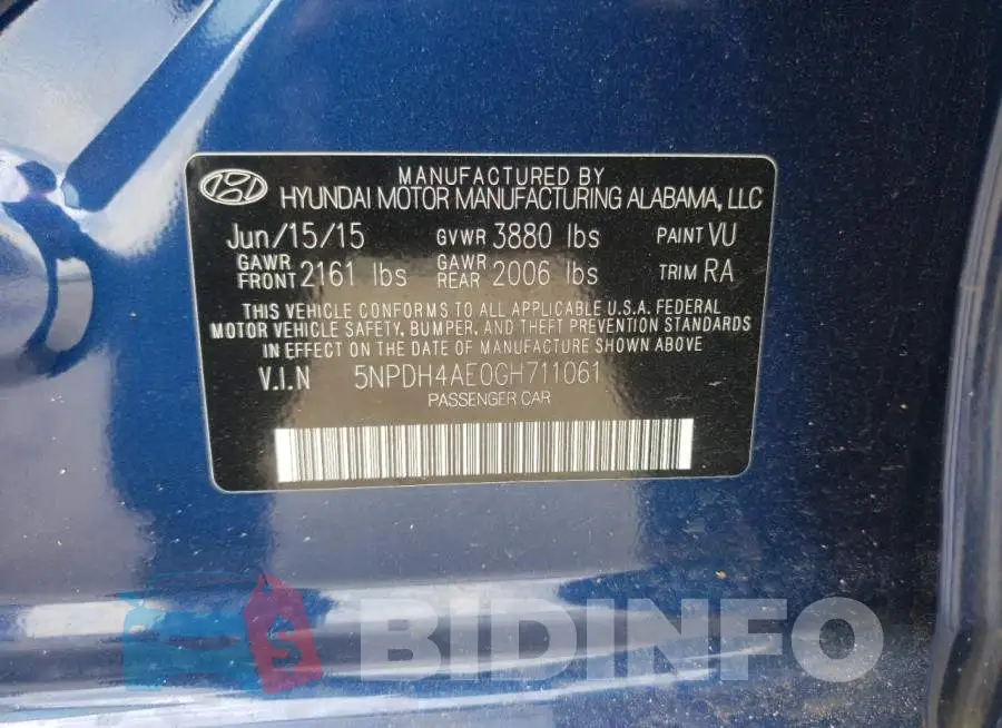 5NPDH4AE0GH711061 Photo# 12