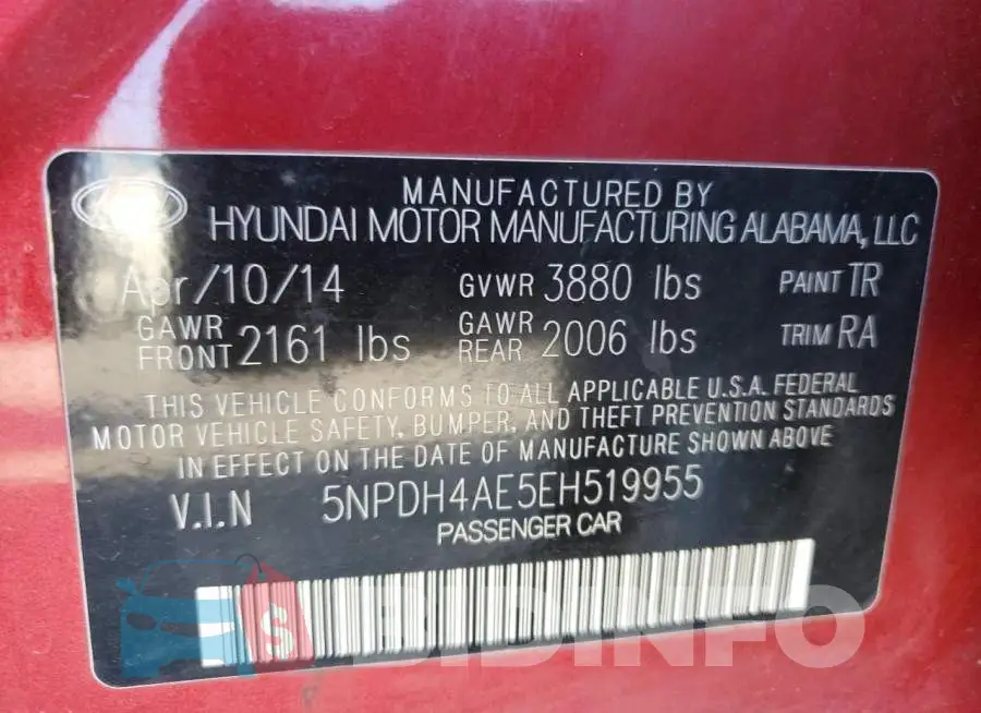 5NPDH4AE5EH519955 Photo# 12