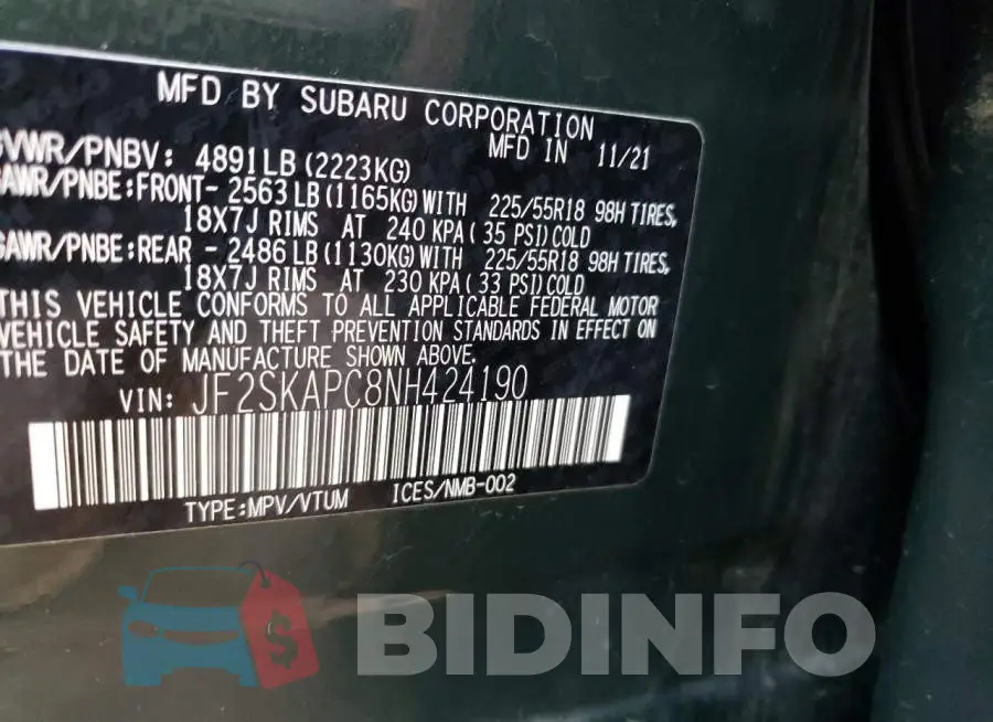 JF2SKAPC8NH424190 Photo# 12