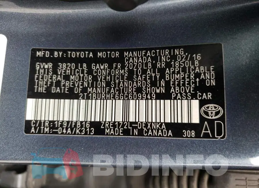 2T1BURHE6GC609949 Photo# 12