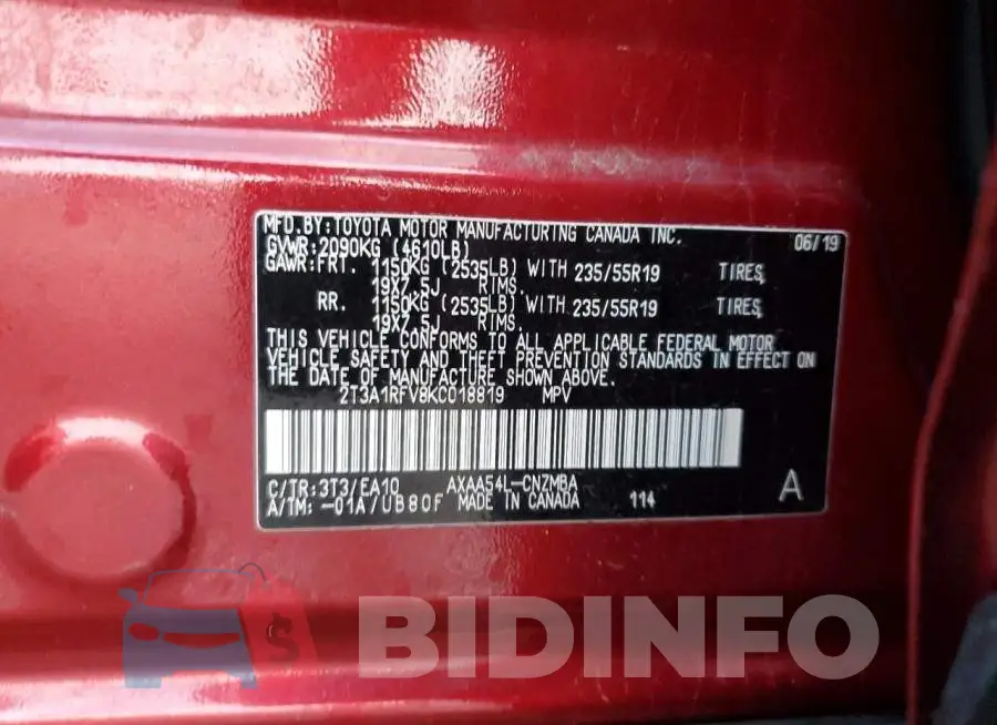 2T3A1RFV8KC018819 Photo# 10