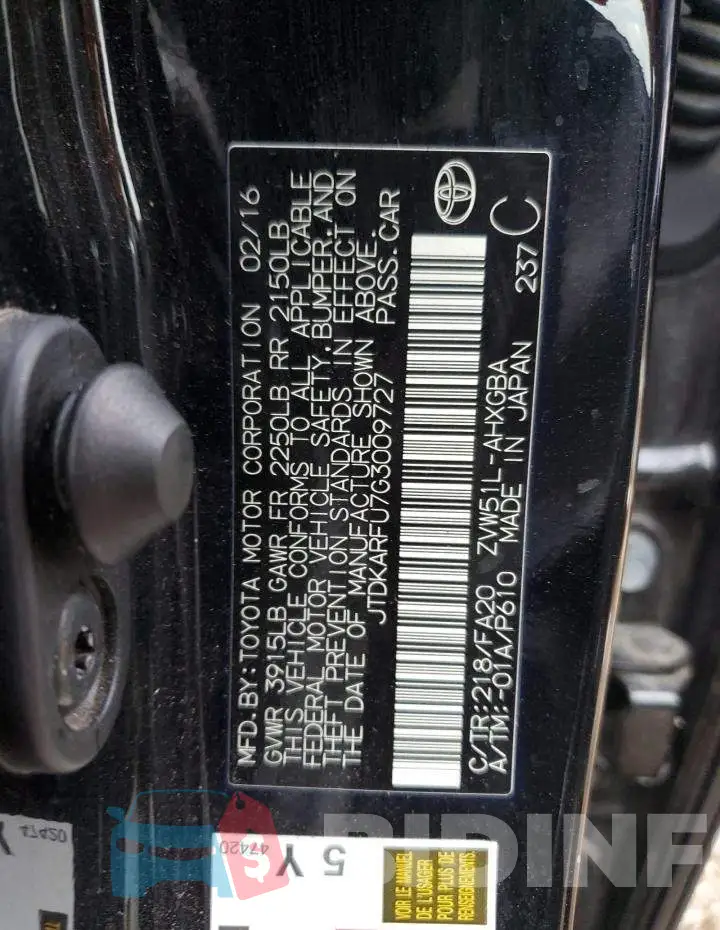 JTDKARFU7G3009727 Photo# 13
