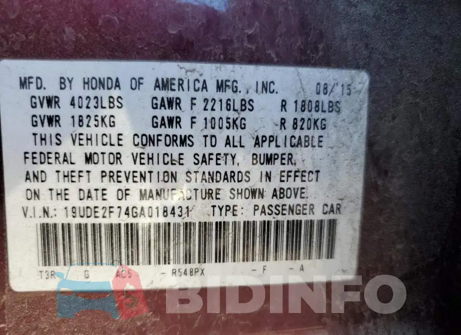 19UDE2F74GA018431 Photo# 12