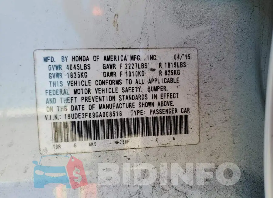 19UDE2F89GA008518 Photo# 12