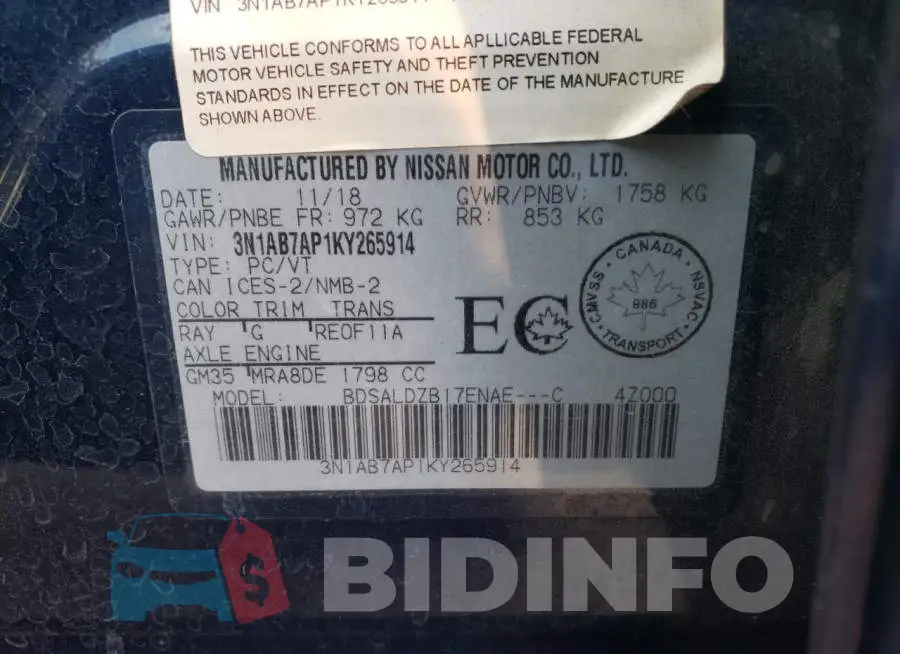 3N1AB7AP1KY265914 Photo# 12