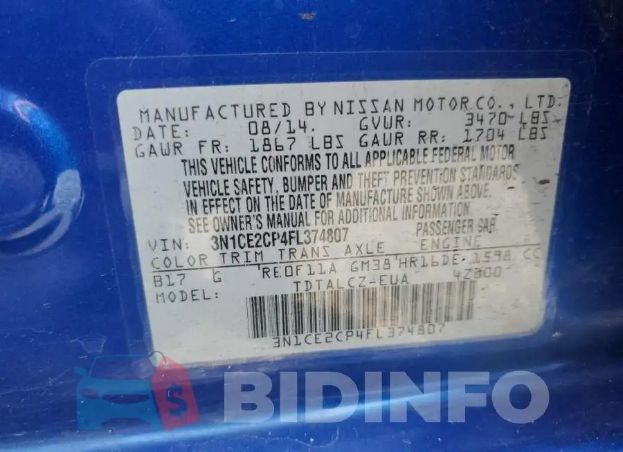 3N1CE2CP4FL374807 Photo# 10