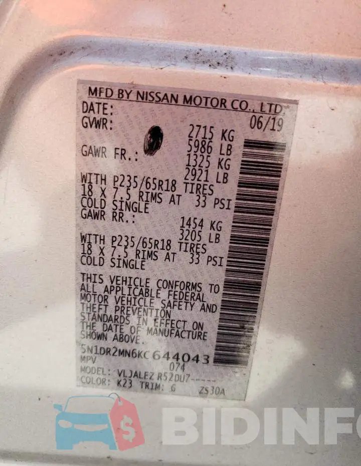 5N1DR2MN6KC644043 Photo# 10
