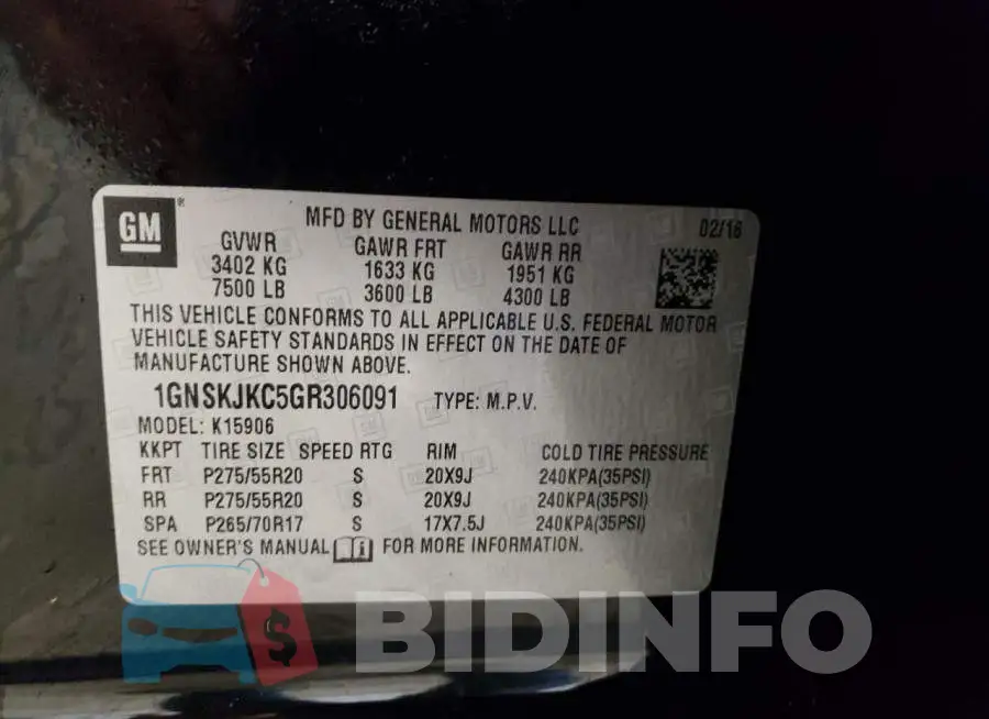 1GNSKJKC5GR306091 Photo# 13