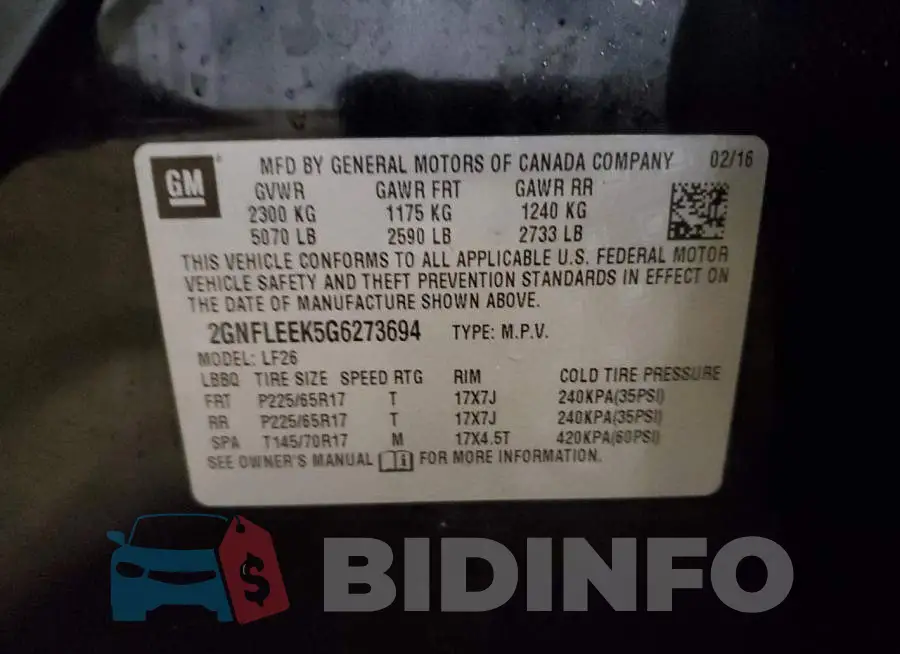 2GNFLEEK5G6273694 Photo# 13