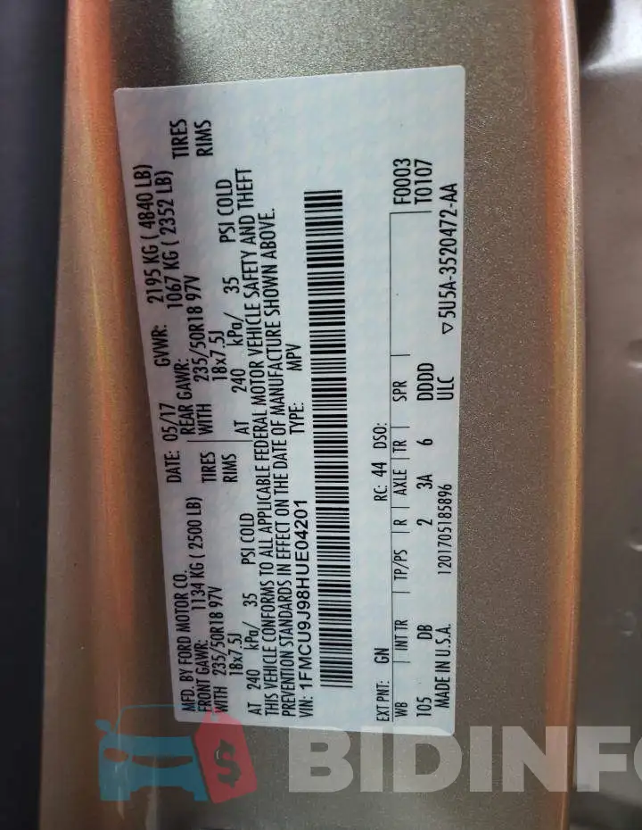 1FMCU9J98HUE04201 Photo# 12