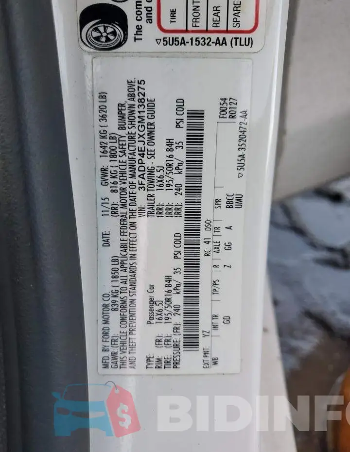 3FADP4EJXGM138275 Photo# 13
