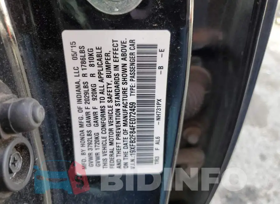 19XFB2F84FE072459 Photo# 10