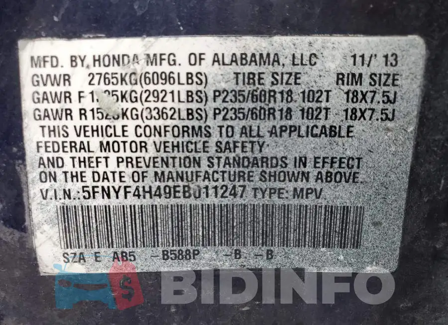 5FNYF4H49EB011247 Photo# 13