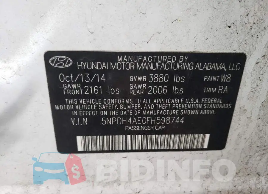 5NPDH4AE0FH598744 Photo# 12