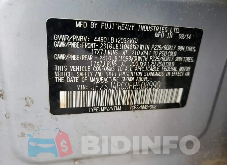JF2SJARC9FH508990 Photo# 12