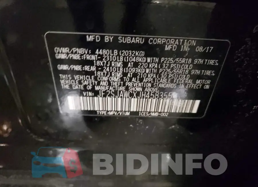 JF2SJAWCXJH458355 Photo# 13
