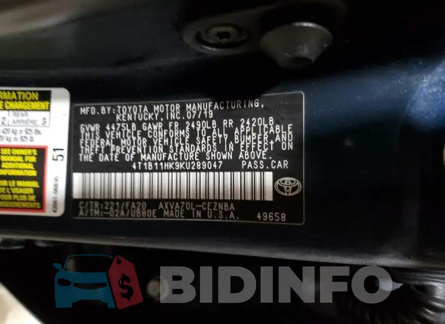 4T1B11HK9KU289047 Photo# 12